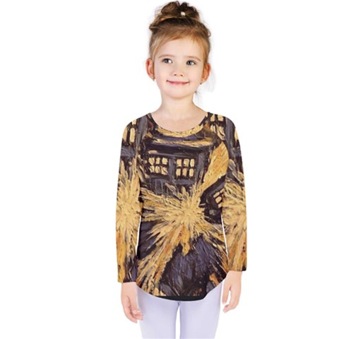 Brown And Black Abstract Painting Doctor Who Tardis Vincent Van Gogh Kids  Long Sleeve Tee by danenraven