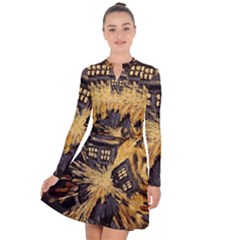 Brown And Black Abstract Painting Doctor Who Tardis Vincent Van Gogh Long Sleeve Panel Dress by danenraven