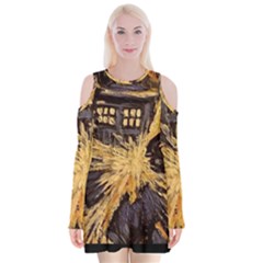 Brown And Black Abstract Painting Doctor Who Tardis Vincent Van Gogh Velvet Long Sleeve Shoulder Cutout Dress by danenraven