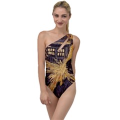 Brown And Black Abstract Painting Doctor Who Tardis Vincent Van Gogh To One Side Swimsuit by danenraven