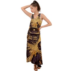 Brown And Black Abstract Painting Doctor Who Tardis Vincent Van Gogh V-neck Chiffon Maxi Dress by danenraven