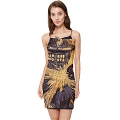 Brown And Black Abstract Painting Doctor Who Tardis Vincent Van Gogh Summer Tie Front Dress by danenraven