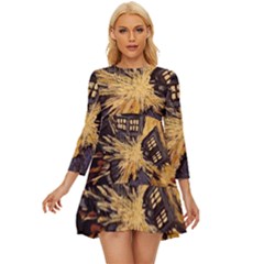 Brown And Black Abstract Painting Doctor Who Tardis Vincent Van Gogh Long Sleeve Babydoll Dress by danenraven