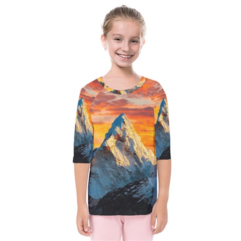 Himalaya Mountains Landscape  Nature Kids  Quarter Sleeve Raglan Tee by danenraven