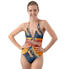 Himalaya Mountains Landscape  Nature Halter Cut-out One Piece Swimsuit by danenraven