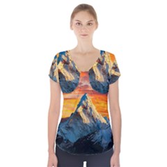 Himalaya Mountains Landscape  Nature Short Sleeve Front Detail Top by danenraven