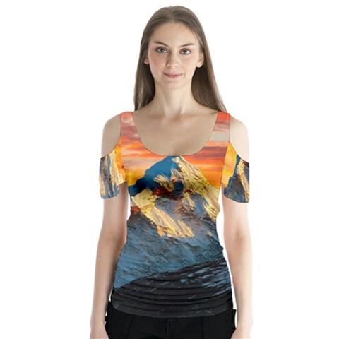 Himalaya Mountains Landscape  Nature Butterfly Sleeve Cutout Tee  by danenraven