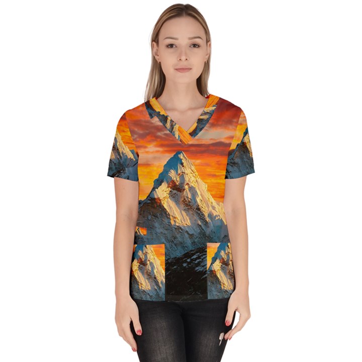 Himalaya Mountains Landscape  Nature Women s V-Neck Scrub Top