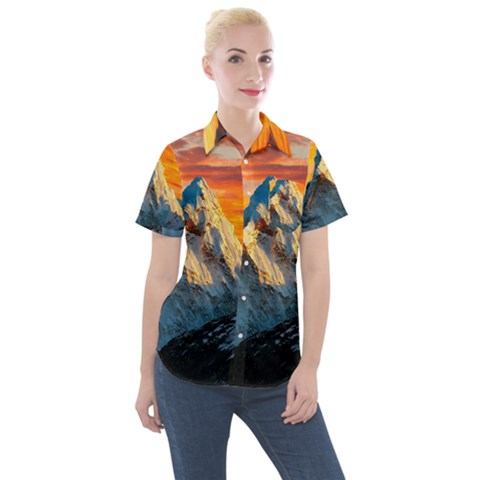 Himalaya Mountains Landscape  Nature Women s Short Sleeve Pocket Shirt by danenraven