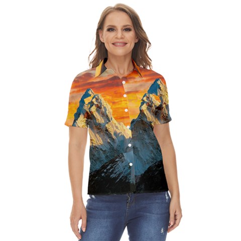 Himalaya Mountains Landscape  Nature Women s Short Sleeve Double Pocket Shirt by danenraven