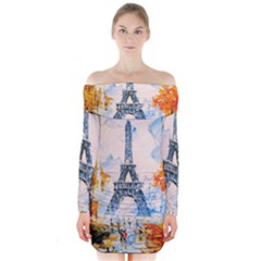 Eiffel Tower Landmark Architecture  Artistic Long Sleeve Off Shoulder Dress by danenraven