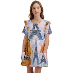 Eiffel Tower Landmark Architecture  Artistic Kids  Frilly Sleeves Pocket Dress by danenraven