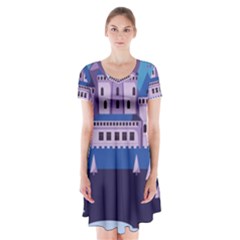 Illustration Castle Mountain Tower Sky Short Sleeve V-neck Flare Dress by danenraven