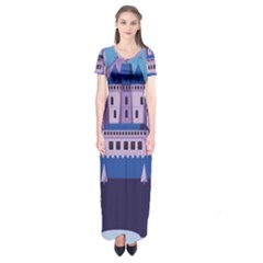 Illustration Castle Mountain Tower Sky Short Sleeve Maxi Dress by danenraven