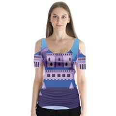 Illustration Castle Mountain Tower Sky Butterfly Sleeve Cutout Tee 