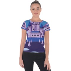 Illustration Castle Mountain Tower Sky Short Sleeve Sports Top  by danenraven