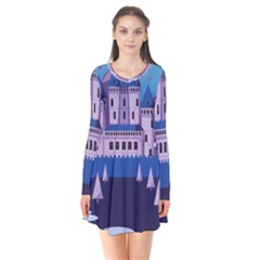 Illustration Castle Mountain Tower Sky Long Sleeve V-neck Flare Dress by danenraven