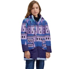 Illustration Castle Mountain Tower Sky Kid s Hooded Longline Puffer Jacket by danenraven