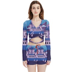 Illustration Castle Mountain Tower Sky Velvet Wrap Crop Top And Shorts Set by danenraven