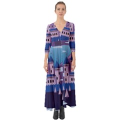 Illustration Castle Mountain Tower Sky Button Up Boho Maxi Dress by danenraven