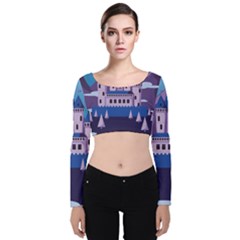 Illustration Castle Mountain Tower Sky Velvet Long Sleeve Crop Top by danenraven