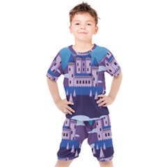 Illustration Castle Mountain Tower Sky Kids  Tee And Shorts Set by danenraven