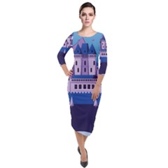 Illustration Castle Mountain Tower Sky Quarter Sleeve Midi Velour Bodycon Dress