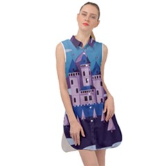 Illustration Castle Mountain Tower Sky Sleeveless Shirt Dress by danenraven