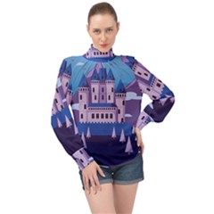 Illustration Castle Mountain Tower Sky High Neck Long Sleeve Chiffon Top by danenraven