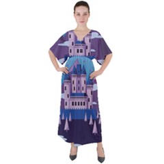 Illustration Castle Mountain Tower Sky V-neck Boho Style Maxi Dress by danenraven