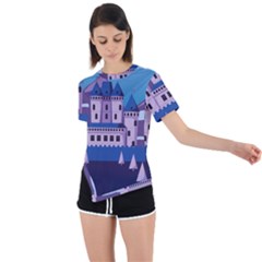 Illustration Castle Mountain Tower Sky Asymmetrical Short Sleeve Sports Tee by danenraven