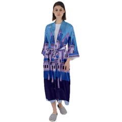 Illustration Castle Mountain Tower Sky Maxi Satin Kimono by danenraven