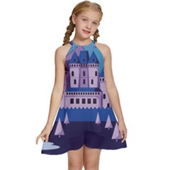 Illustration Castle Mountain Tower Sky Kids  Halter Collar Waist Tie Chiffon Dress by danenraven