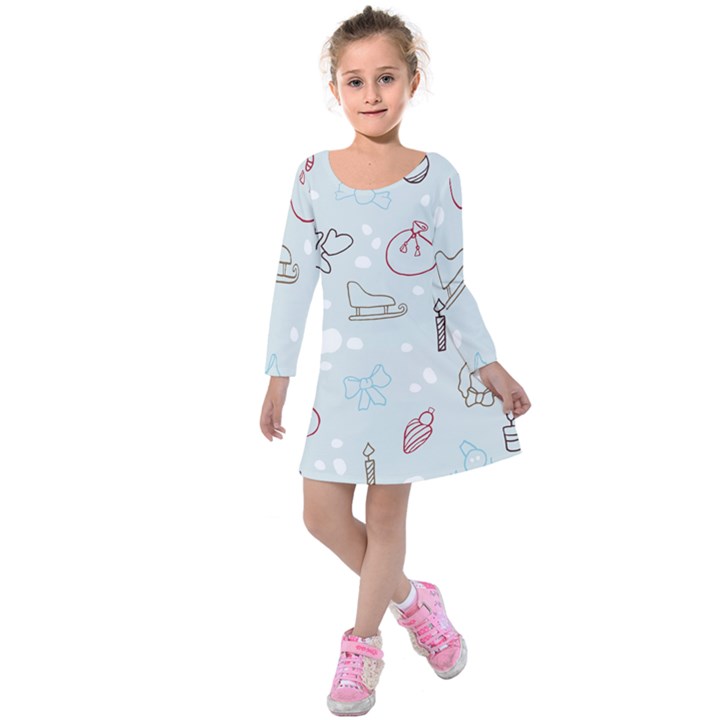 Winter Pattern Background Element Kids  Long Sleeve Velvet Dress