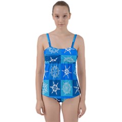 Xmas Christmas Pattern Snow Background Blue Decoration Twist Front Tankini Set by danenraven