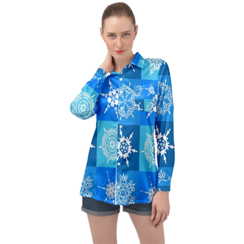 Xmas Christmas Pattern Snow Background Blue Decoration Long Sleeve Satin Shirt by danenraven