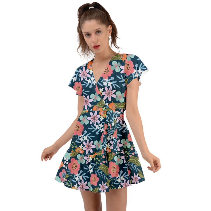 Flower Floral Background Painting Flutter Sleeve Wrap Dress