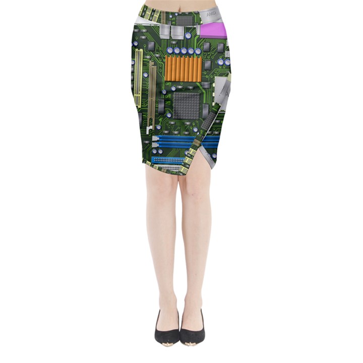 Illustration Motherboard Pc Computer Midi Wrap Pencil Skirt