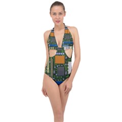 Illustration Motherboard Pc Computer Halter Front Plunge Swimsuit by danenraven