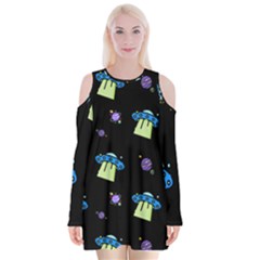 Galaxy Cosmos Rocket Spaceship Ufo Velvet Long Sleeve Shoulder Cutout Dress by Wegoenart