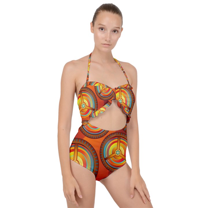 Shield Background Texture Pattern Scallop Top Cut Out Swimsuit