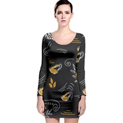 Leaves Coffee Digital Paper Cup Long Sleeve Bodycon Dress by Wegoenart