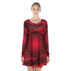 Red Abstract Scratched Doodle Grease Long Sleeve Velvet V-neck Dress by Wegoenart