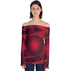 Red Abstract Scratched Doodle Grease Off Shoulder Long Sleeve Top by Wegoenart