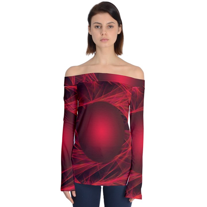 Red Abstract Scratched Doodle Grease Off Shoulder Long Sleeve Top