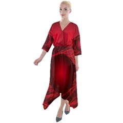 Red Abstract Scratched Doodle Grease Quarter Sleeve Wrap Front Maxi Dress by Wegoenart