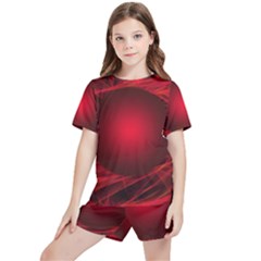 Red Abstract Scratched Doodle Grease Kids  Tee And Sports Shorts Set by Wegoenart