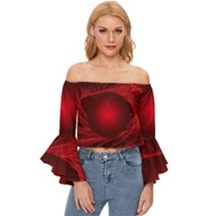 Red Abstract Scratched Doodle Grease Off Shoulder Flutter Bell Sleeve Top by Wegoenart