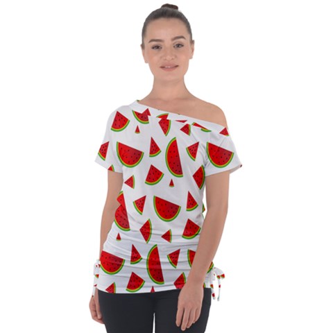 Fruit Off Shoulder Tie-up Tee by nateshop