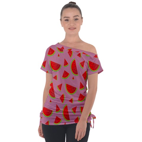 Fruit 1 Off Shoulder Tie-up Tee by nateshop